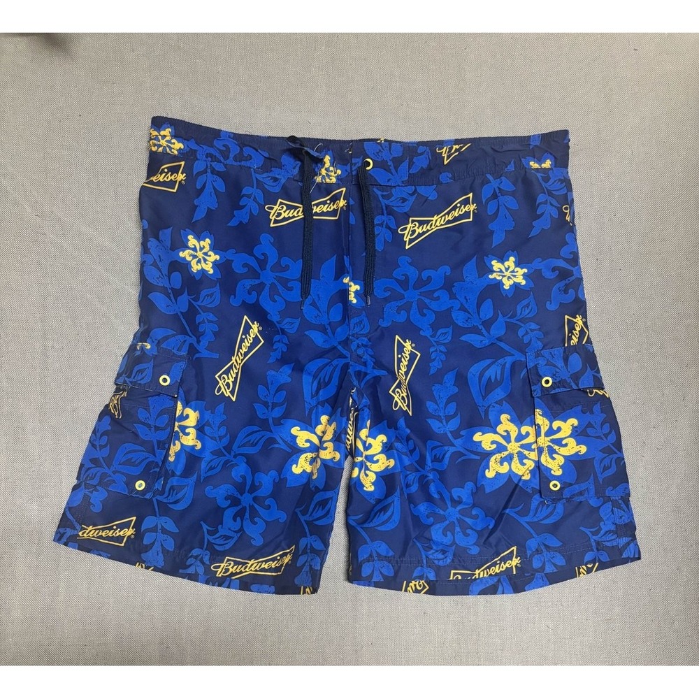 Budweiser Mens Floral Board Shorts Blue Polyester Cargo Swim Trunks Size L 38